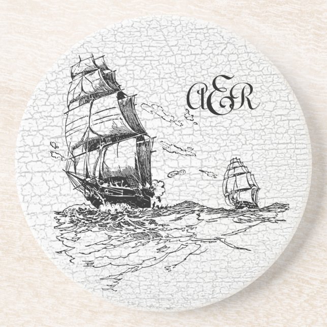 Vintage Sailing Ships Personalised Crackled Coaster (Front)