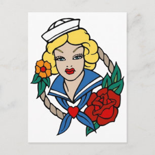 Vintage Sailor Girl with Rose Tattoo Art Postcard