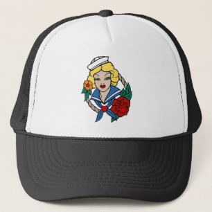 Vintage Sailor Girl with Rose Tattoo Art Trucker Hat