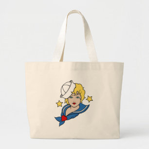 Vintage Sailor Girl with Stars Tattoo Art Large Tote Bag