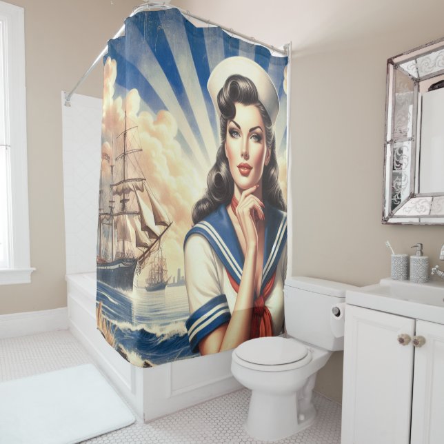 Vintage Sailor Pin Up Shower Curtain (In Situ)