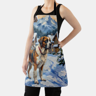 Vintage Saint Bernard Alpine Christmas Painting Apron