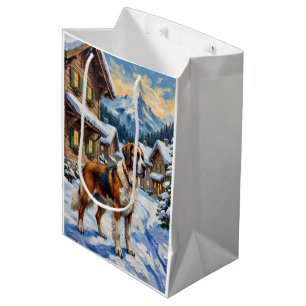 Vintage Saint Bernard Alpine Christmas Painting Medium Gift Bag