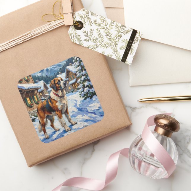 Vintage Saint Bernard Alpine Christmas Painting Square Sticker (Gifting)