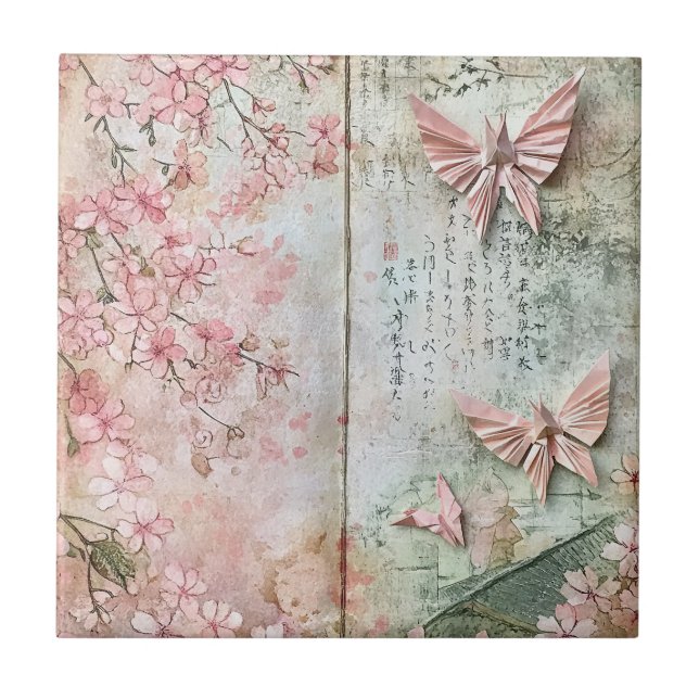 Vintage Sakura Butterfly Collage Tile (Front)