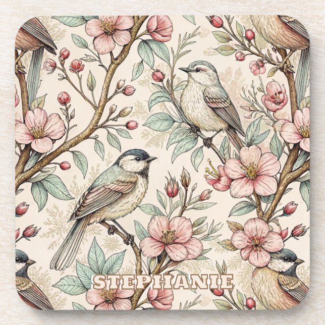 Vintage Sakura Cherry Blossom & Bird  Aesthetic 2 Coaster (Front)