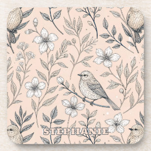 Vintage Sakura Cherry Blossom & Bird Aesthetic 3 Coaster