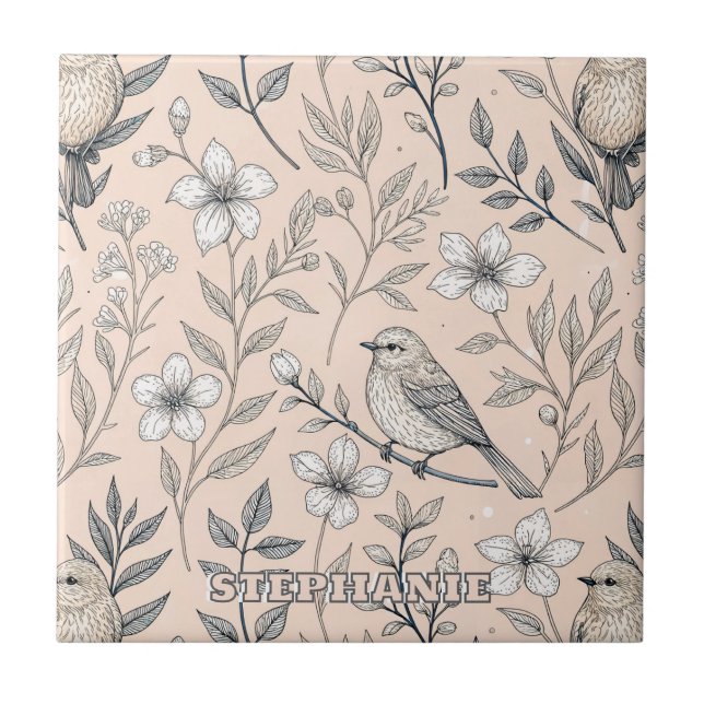 Vintage Sakura Cherry Blossom & Bird  Aesthetic 3 Tile (Front)