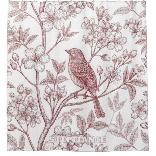 Vintage Sakura Cherry Blossom & Bird Aesthetic Shower Curtain