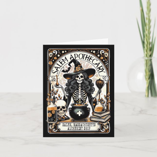 Vintage Salem Apothecary Skeleton Witch Spooky Card (Front)