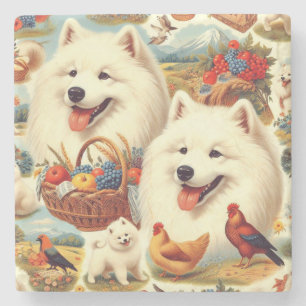 Vintage Samoyed Dog Illustration Stone Coaster