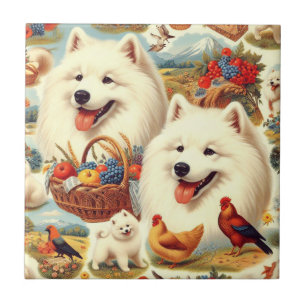 Vintage Samoyed Dog Illustration Tile