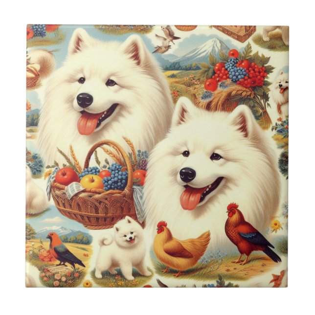 Vintage Samoyed Dog Illustration Tile (Front)