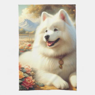 Vintage Samoyed Dog Painting Tea Towel