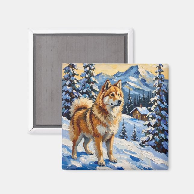 Vintage Samoyed in Alpine Christmas Landscape Magnet (Front/Back)