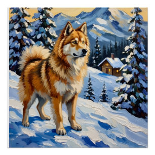 Vintage Samoyed in Alpine Christmas Landscape Poster