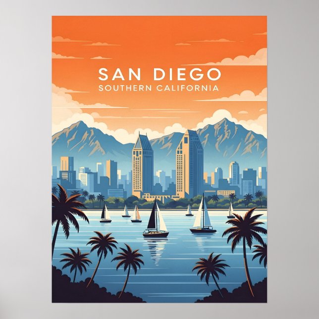 Vintage San Diego skyline with sailboats Poster (Front)