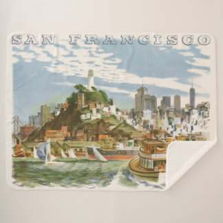Vintage San Francisco Bay Travel Poster Ferryboat Sherpa Blanket