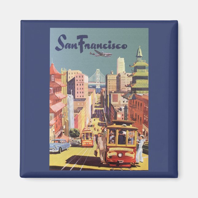 Vintage San Francisco Cable Cars Travel Poster Art Magnet (Front)