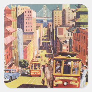 Vintage San Francisco Cable Cars Travel Poster Art Square Sticker