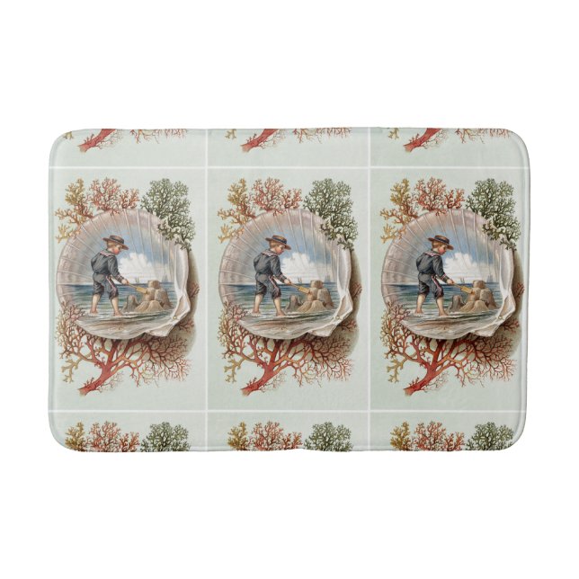 Vintage Sandcastle Little Boy Beach Scene Bath Mat (Front)