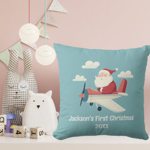 Vintage Santa Aeroplane Clouds Boy First Christmas Cushion