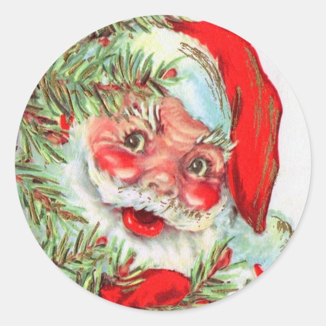 Vintage Santa and Christmas Tree  Classic Round Sticker (Front)