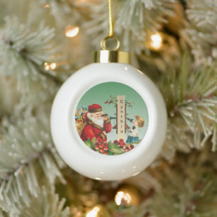 Vintage Santa and Girl on Telephone with Name Ceramic Ball Christmas Ornament
