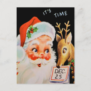 Vintage Santa And His Reindeer  Holiday Postcard