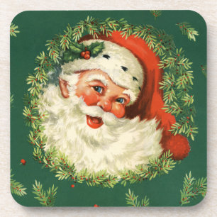 Vintage Santa and Pine Wreath Coaster