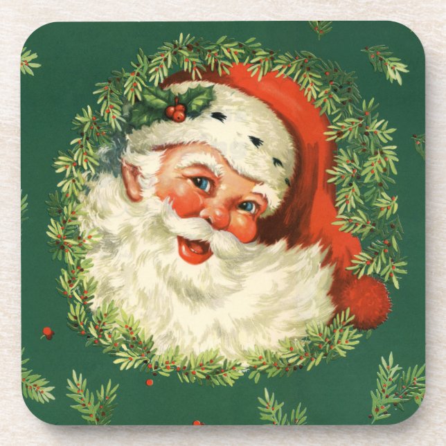 Vintage Santa and Pine Wreath Coaster (Front)