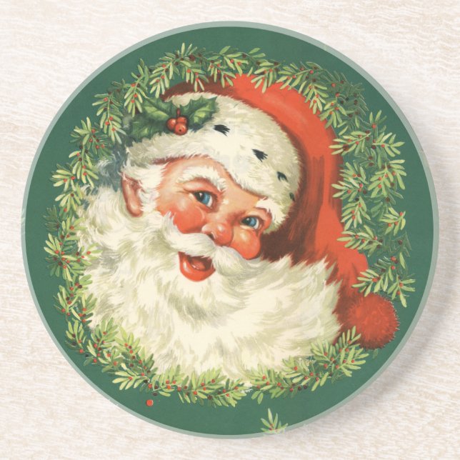 Vintage Santa and Pine Wreath Sandstone Coaster (Front)