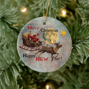 Vintage Santa And Reindeer Ceramic Tree Decoration