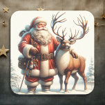 Vintage Santa and Reindeer Nostalgic Christmas Square Sticker<br><div class="desc">Old-fashioned vintage Santa Claus and Reindeer standing outside in the winter snow.</div>