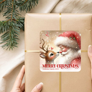 Vintage Santa and Rudolph Personalized Holiday  Square Sticker