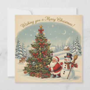 Vintage Santa and Snowman with Christmas Tree Holiday Card