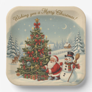 Vintage Santa and Snowman with Christmas Tree Paper Plate