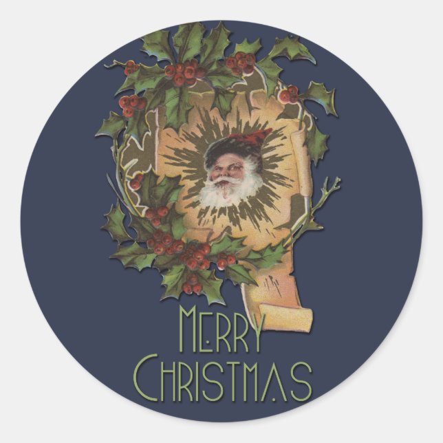 Vintage Santa Antique Holly Christmas Classic Round Sticker (Front)