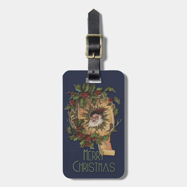 Vintage Santa Antique Holly Christmas Luggage Tag (Front Vertical)
