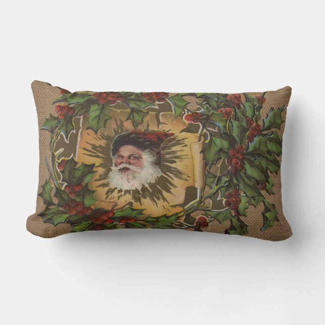 Vintage Santa Antique Holly Christmas Lumbar Cushion (Front)