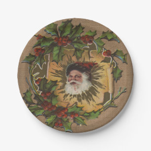 Vintage Santa Antique Holly Christmas Paper Plate