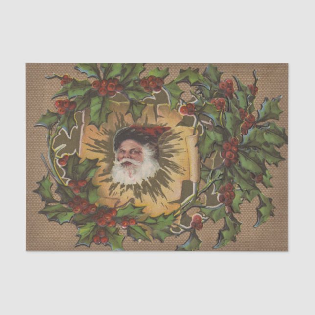 Vintage Santa Antique Holly Christmas Tissue Paper (Front)
