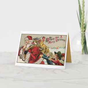 Vintage Santa, bag of toys, children Holiday Card