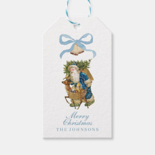 Vintage Santa Blue Bow Bells Christmas Holiday Gift Tags