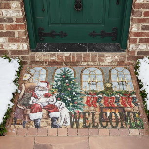 Vintage Santa by the Fireplace Christmas Rustic  Doormat