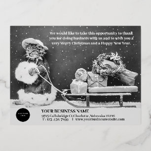 Vintage Santa Cat Christmas Business Logo  Foil Holiday Postcard