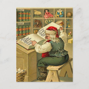 Vintage Santa checking his list Holiday Postcard