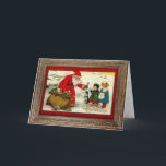 Vintage Santa Christmas Card<br><div class="desc">Lovely vintage winter scene depicting Santa giving toys to waiting children while their puppy begs for attention. Image has been lovingly restored. Inside text is customisable with ornate border decoration.</div>
