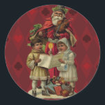 Vintage Santa Christmas Music Singing Classic Round Sticker<br><div class="desc">Vintage Santa Claus Playing the Violin Santa Claus is having great fun in this reproduction of a vintage Christmas card. He's playing a violin as the two children in front of him are holding a candle, reading the sheet music, and singing along with a wonderful Christmas song. At their feet...</div>