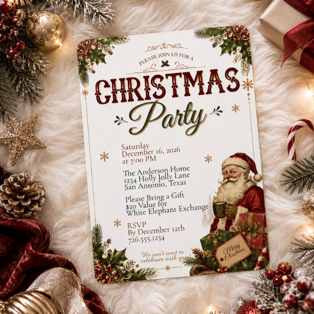 Vintage Santa Christmas Party Invitation (Creator Uploaded)